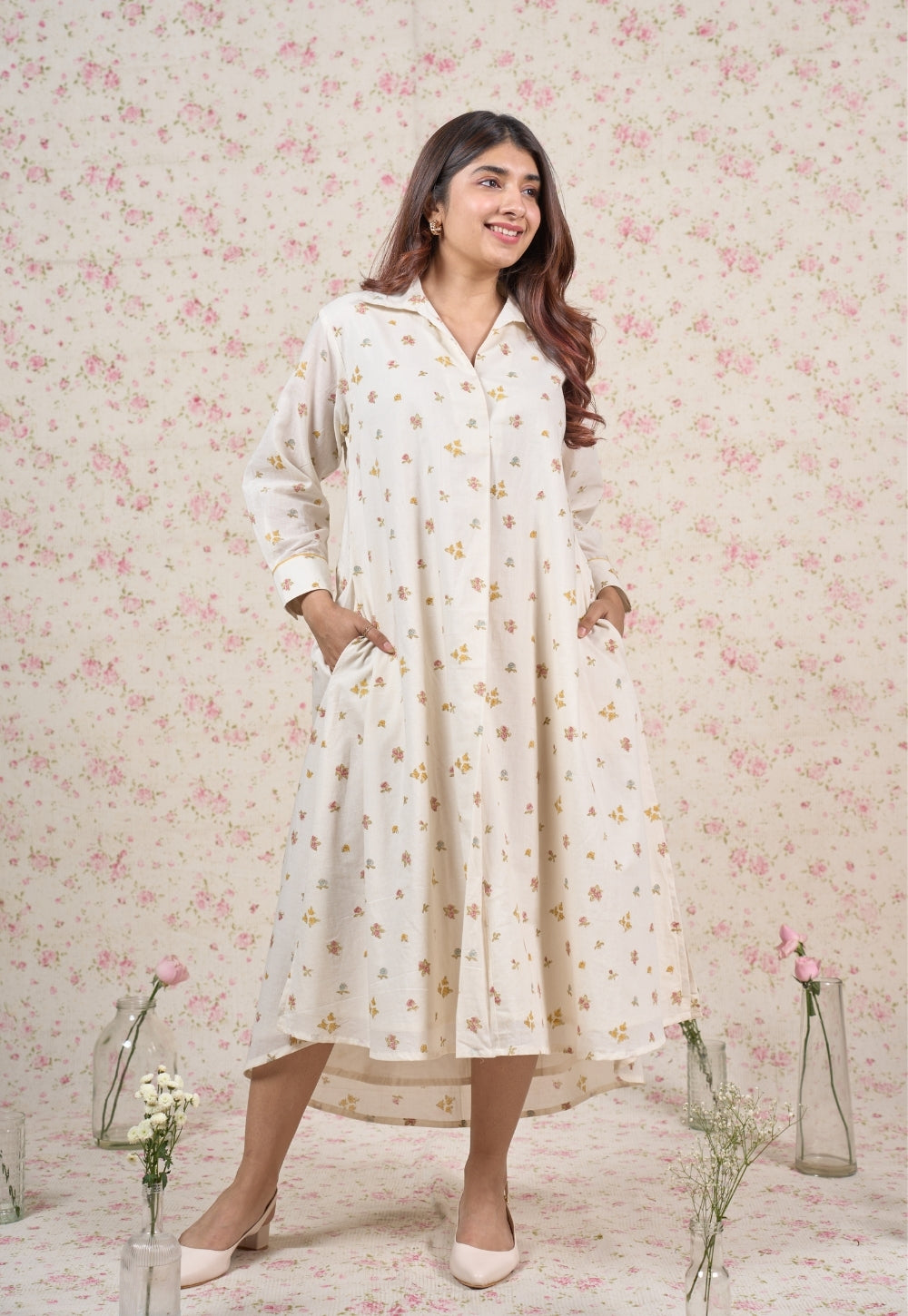 Stella White Sanganeri Mul Cotton A Line Dress