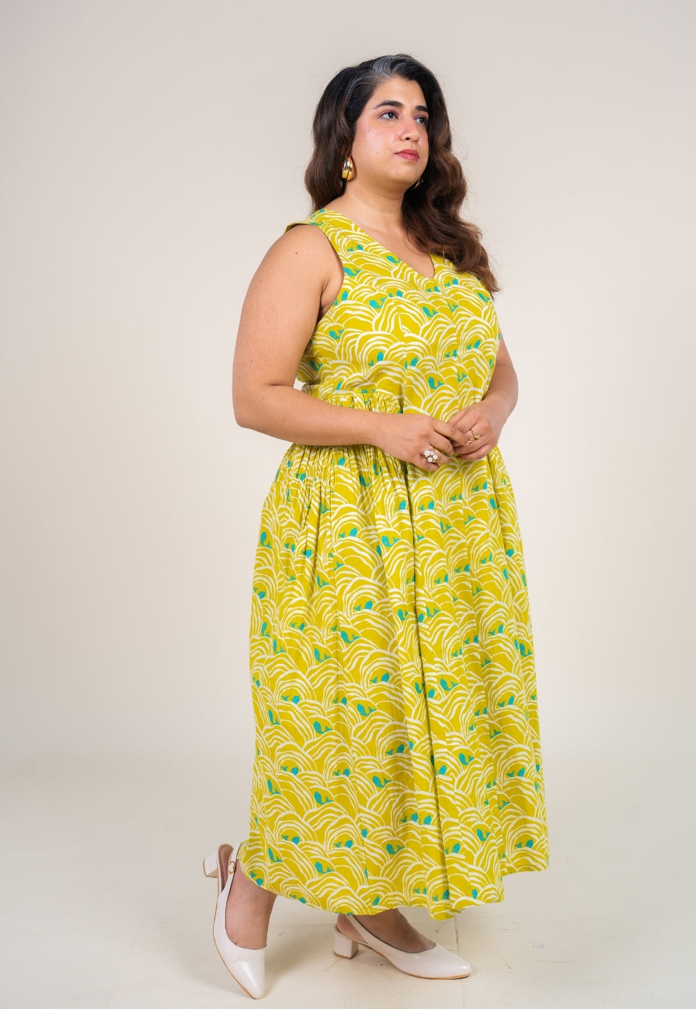 Navira Lime Green Printed Cotton A Line Dress