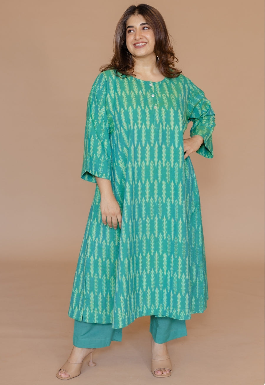 Alizah Green Handloom Ikkat Cotton Jhabbha Kali Kurta