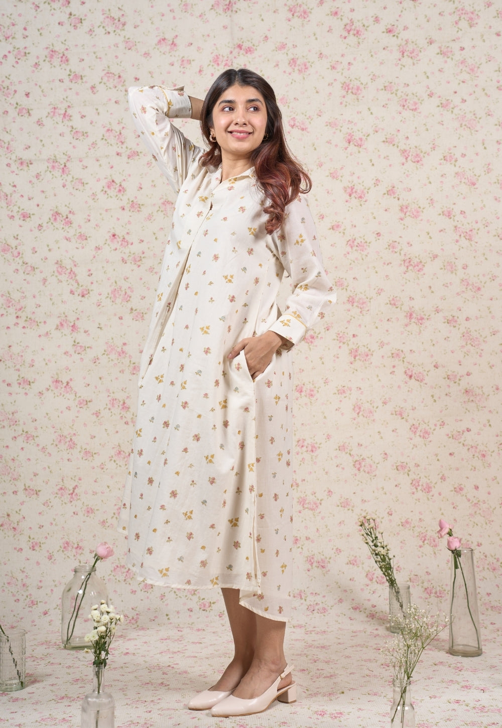 Stella White Sanganeri Mul Cotton A Line Dress
