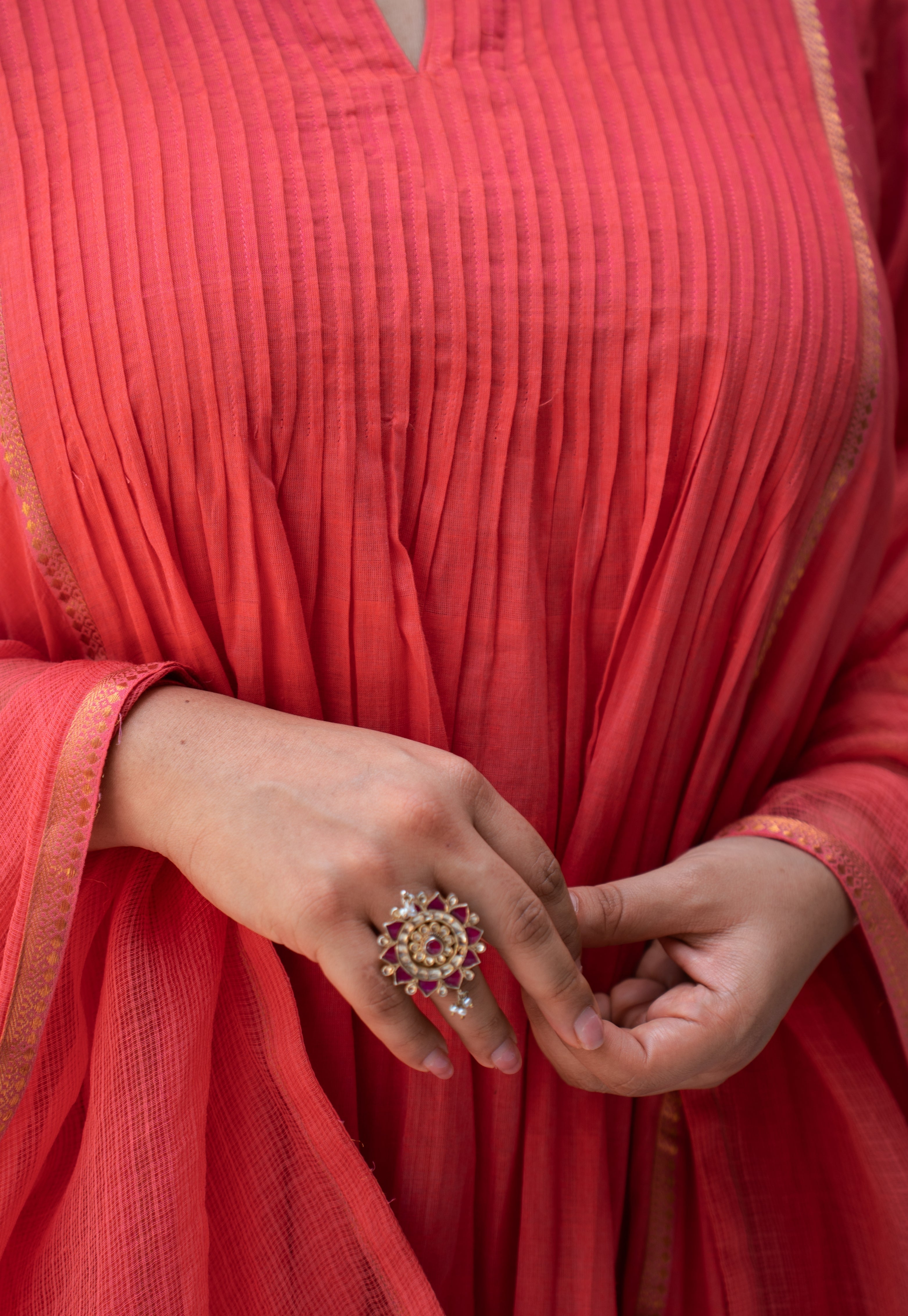 Ruhza Orange Mangalgiri Cotton Kali Kurta with Nizam Border
