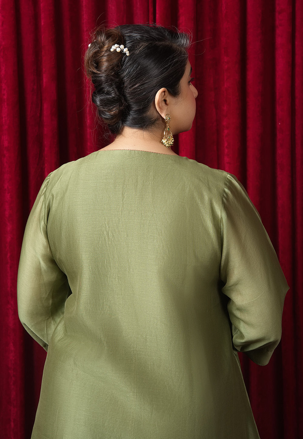 Reva Green Solid Chanderi Silk A Line Kurta with Hand Embroidery