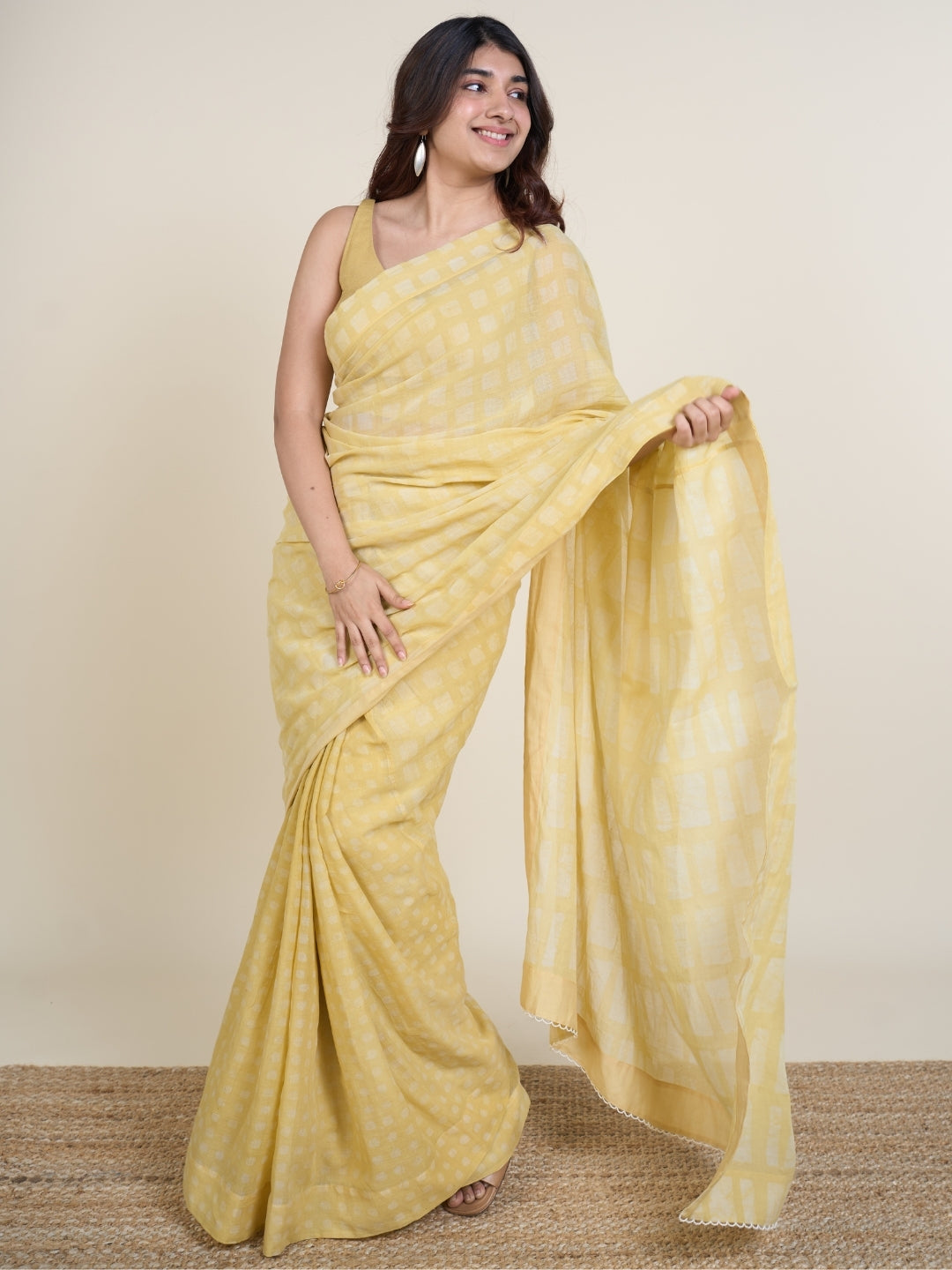 Ramisha Yellow Batik Hand Block Print Mul Cotton Saree with Embroidery