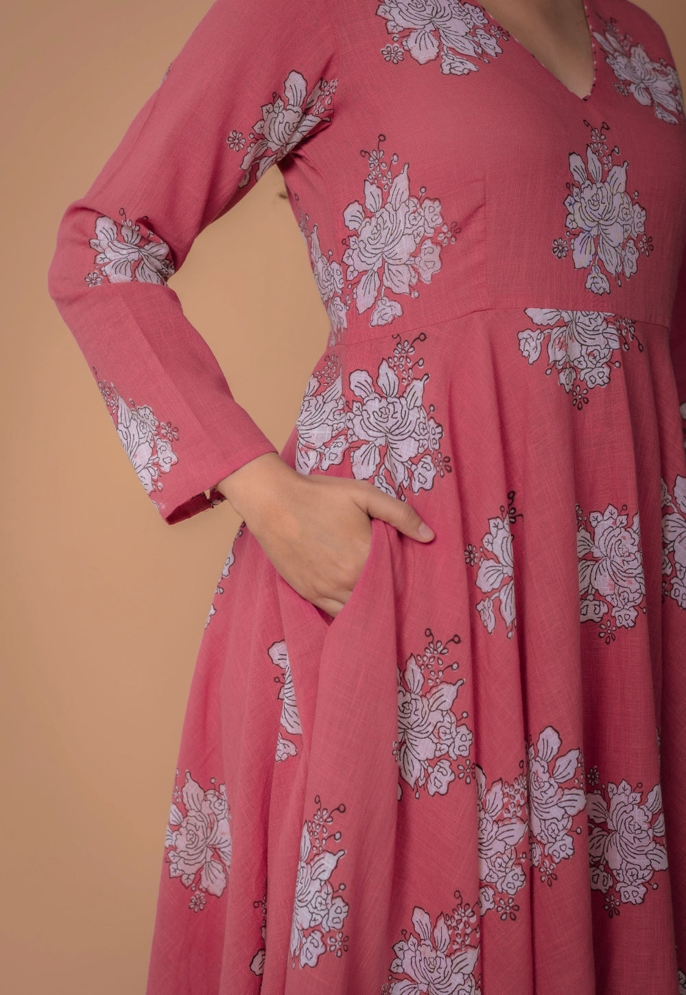 Ruvika Pink Dabu Slub Cotton A Line Kurta