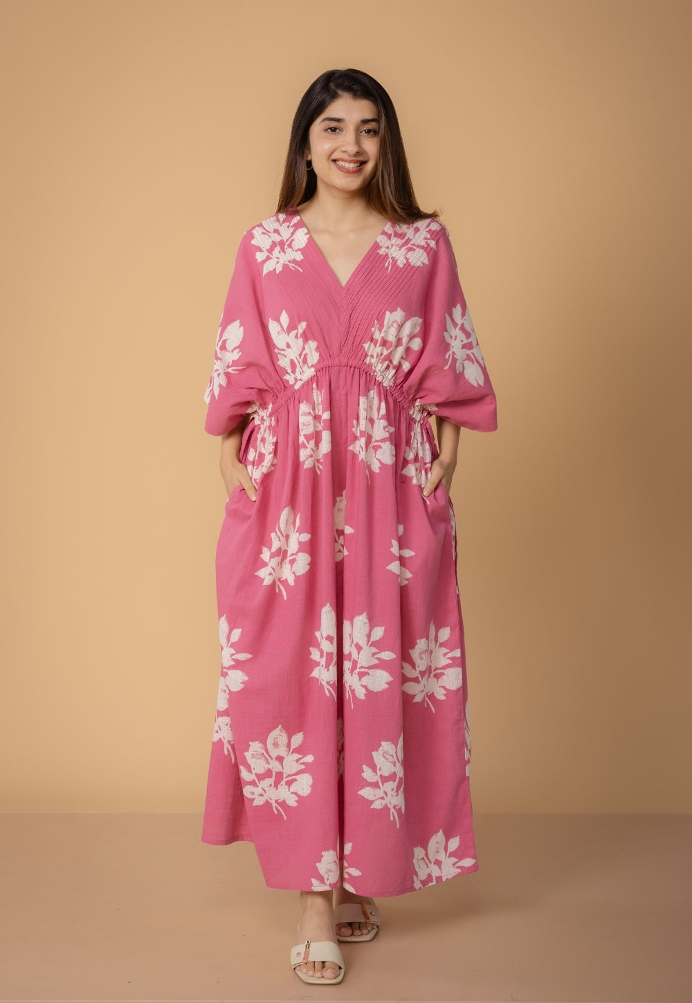 Jiana Pink Dabu Slub Cotton Kaftan Dress