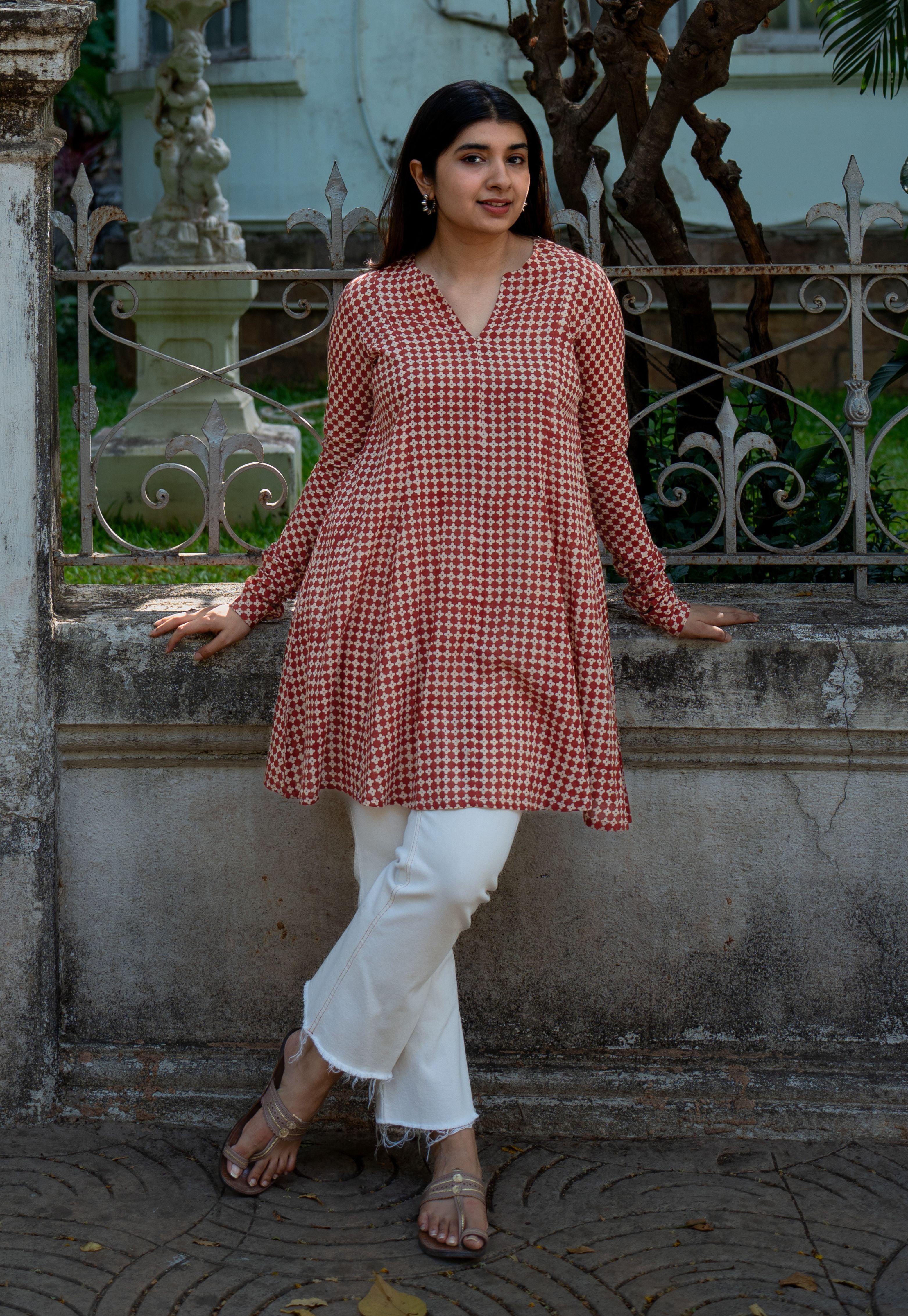 Netra Red Bagru Cotton A Line Short Top
