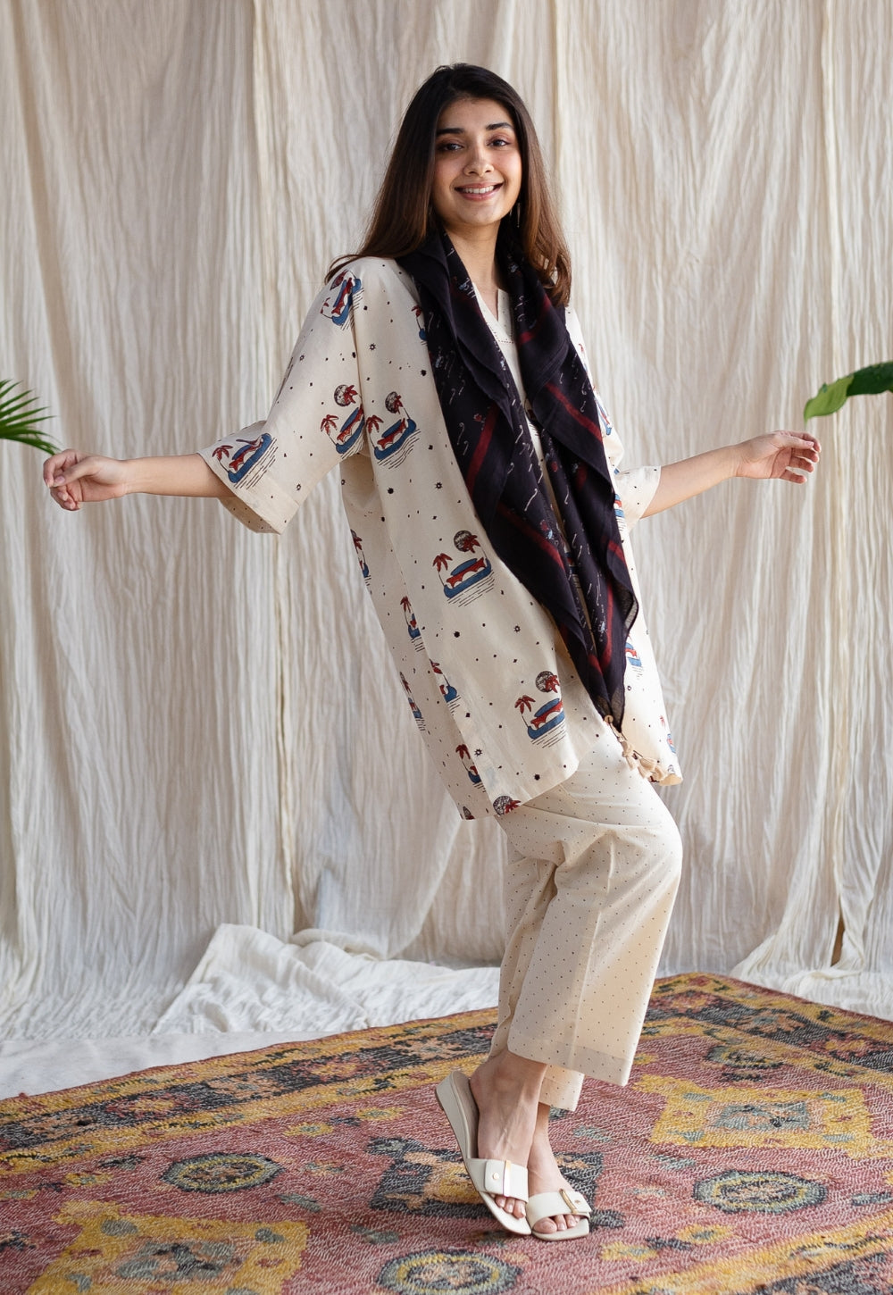 Black Lake Ajrakh Hanblock Printed MulMul Scarf