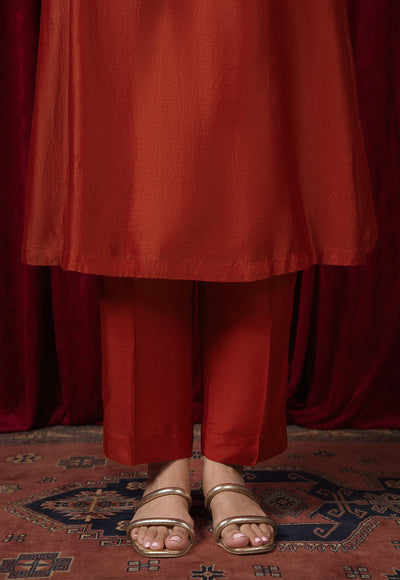Yashi Cherry Red Solid Muslin Straight Pant