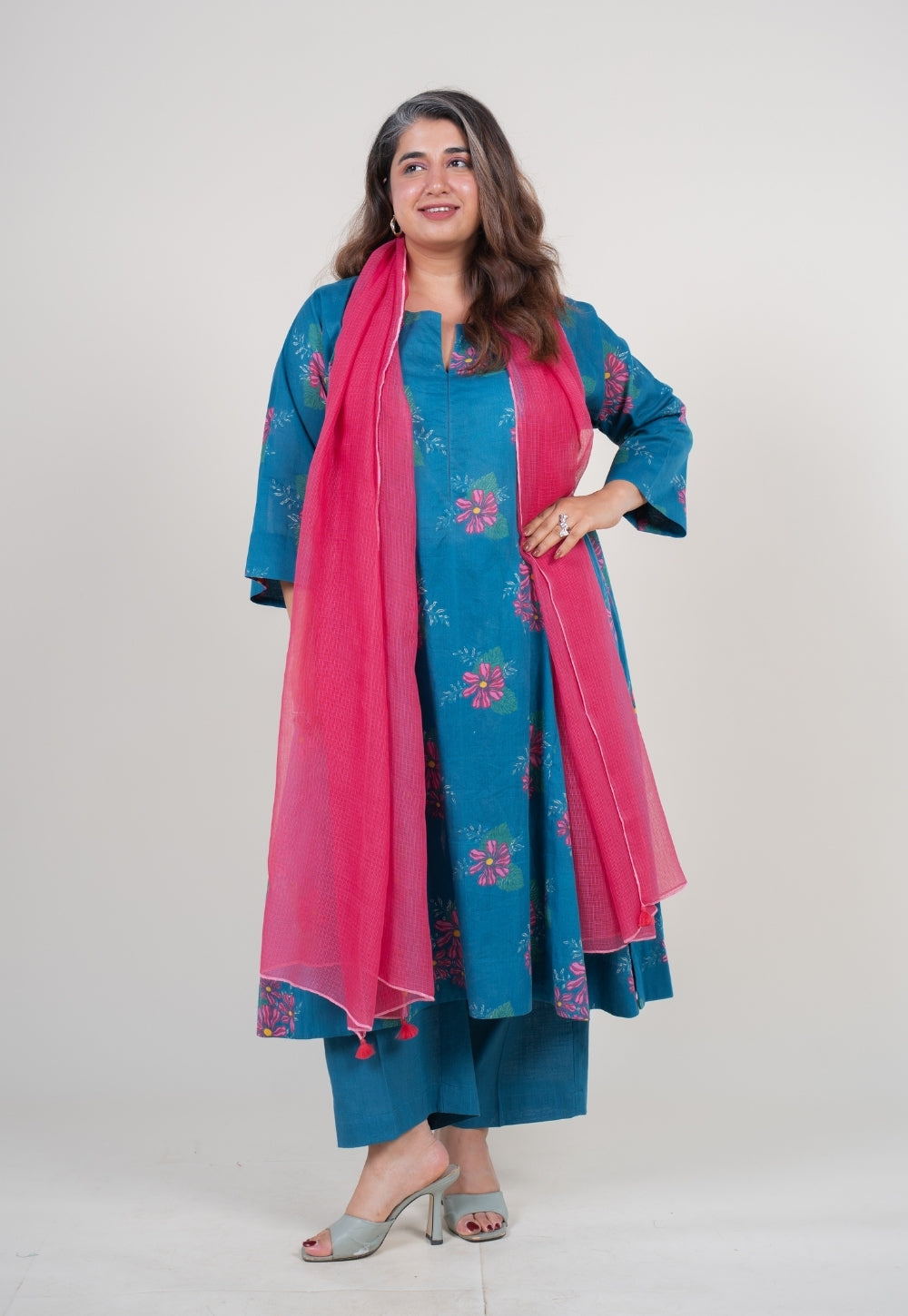 Bright Pink Solid Kota Doria Cotton Dupatta with Tassels