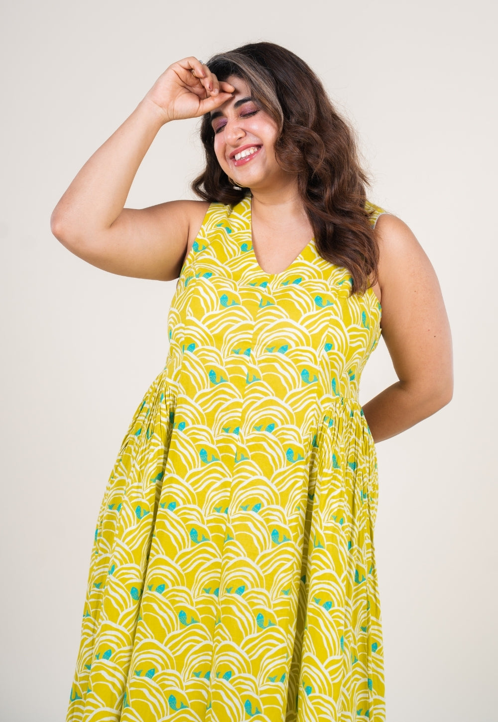 Navira Lime Green Printed Cotton A Line Dress