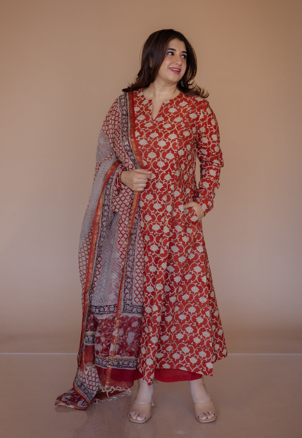 Shinat Red Bagru Cotton Kali Kurta
