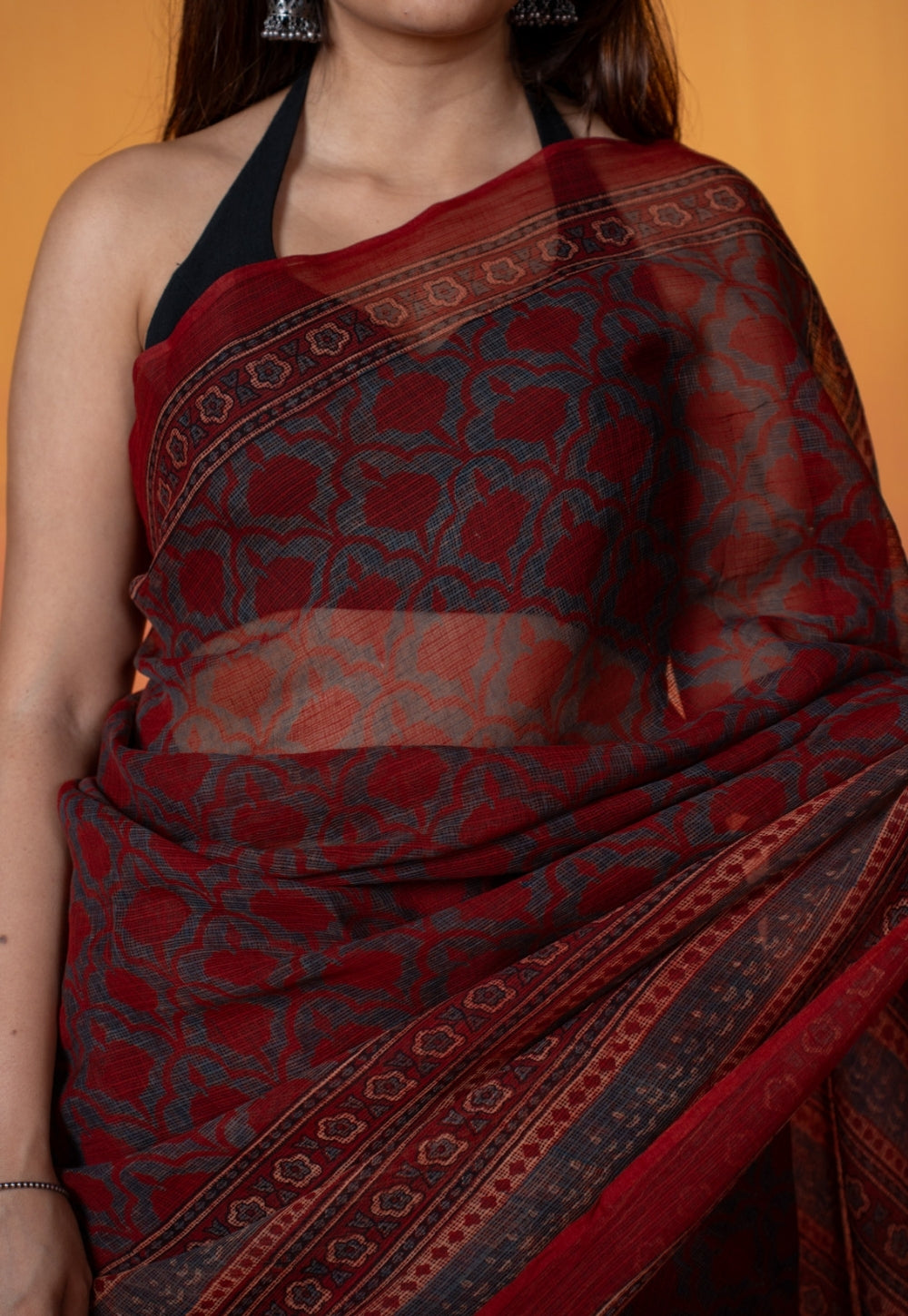 Red Floral Jaal Ajrakh Hand Block Print Kota Doria Cotton Saree