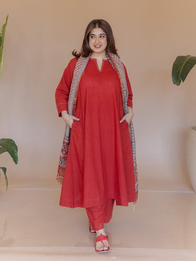 Nyra Red Solid Slub Cotton Jhabbha Kali Kurta with Hand Embroidery