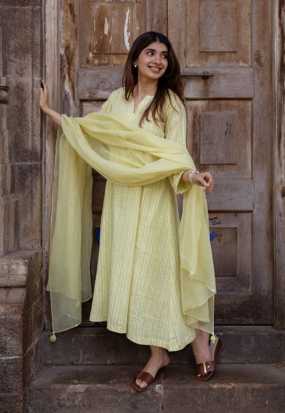 Malika Lime Green Hand Block Print Slub Cotton Kali Kurta with Hand Embroidery