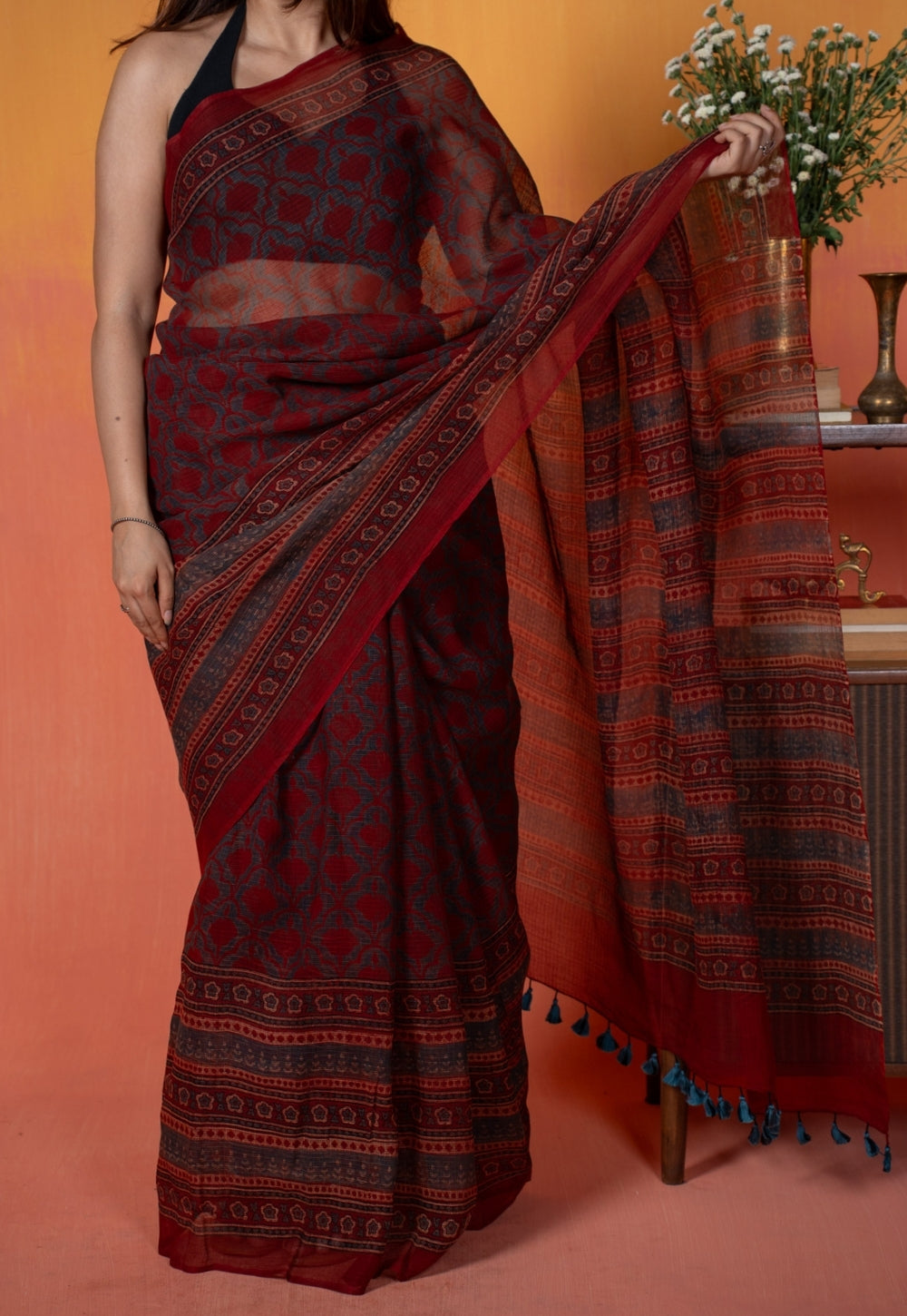 Red Floral Jaal Ajrakh Hand Block Print Kota Doria Cotton Saree