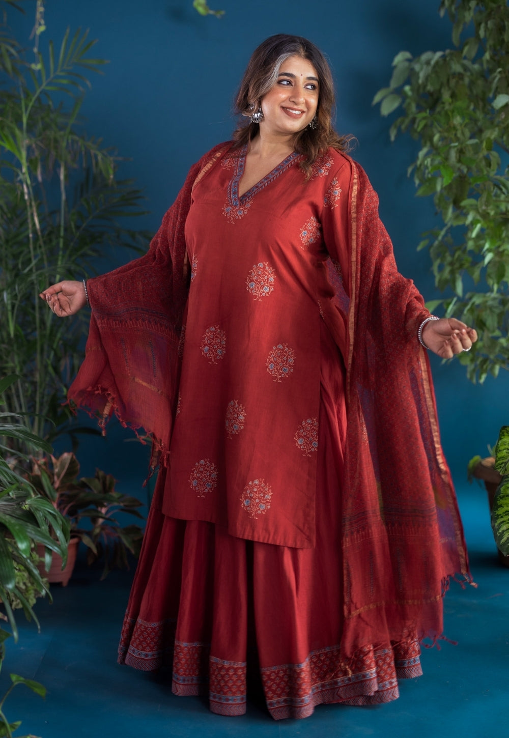 Zeenat Red Ajrakh Cotton Straight Kurta