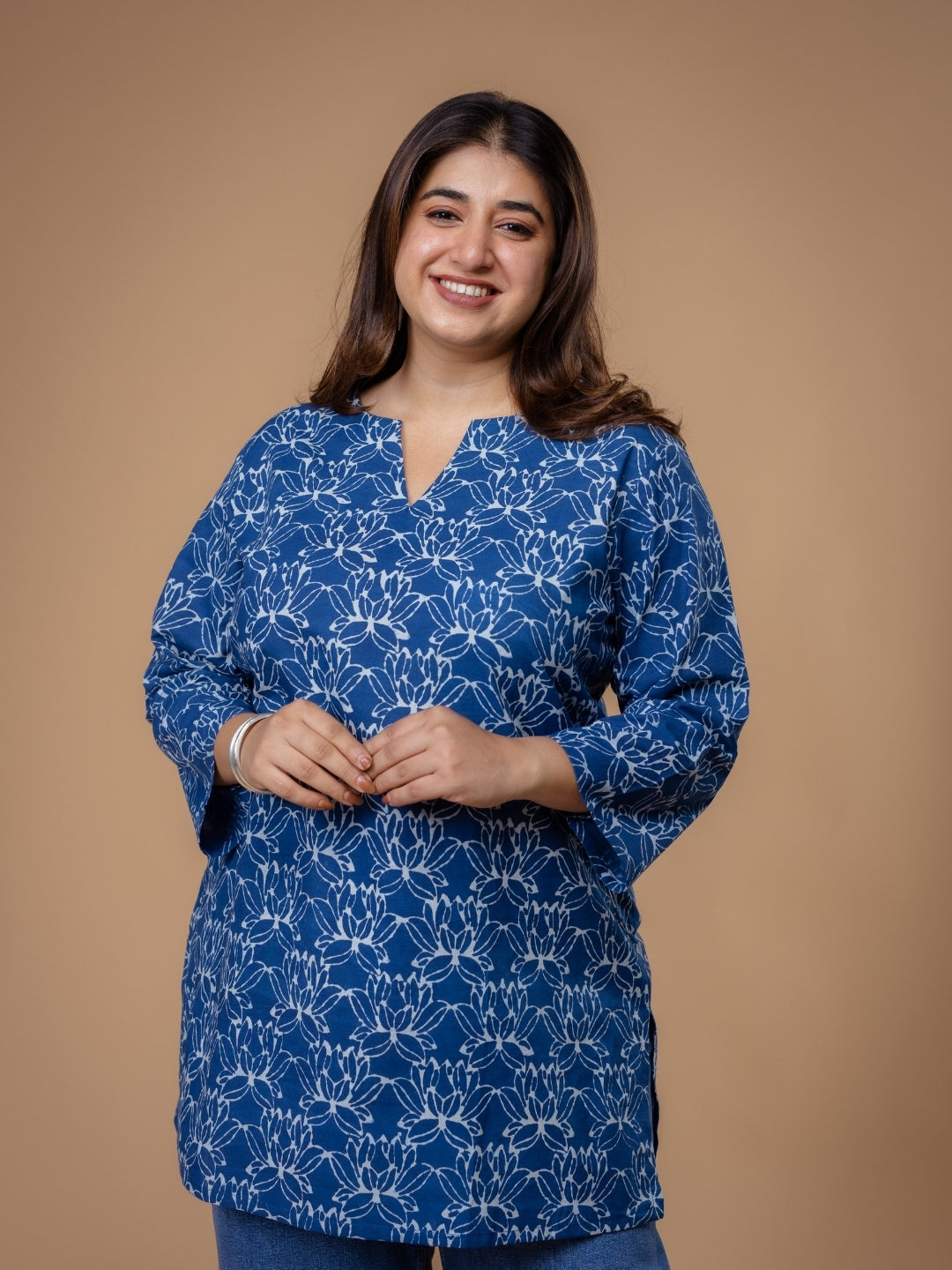 Mishel Blue Dabu Cotton Straight Short Top