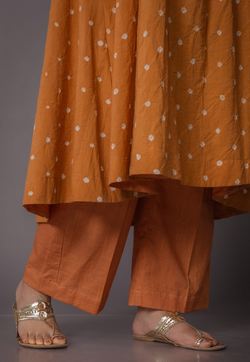 Rosha Yellow Bandhani Cotton Kali Suit Set (Set of 3)