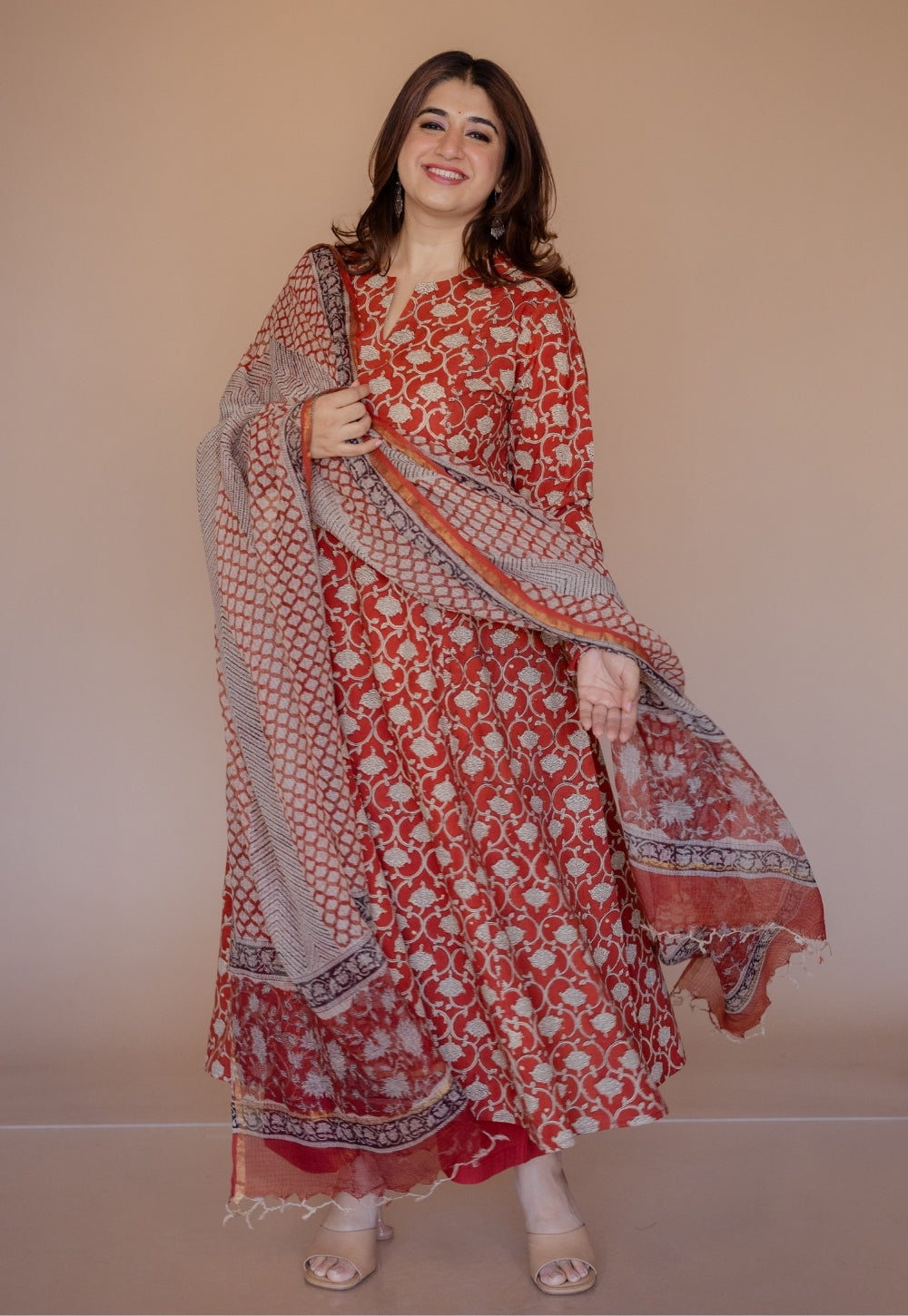 Shinat Red Bagru Cotton Kali Kurta