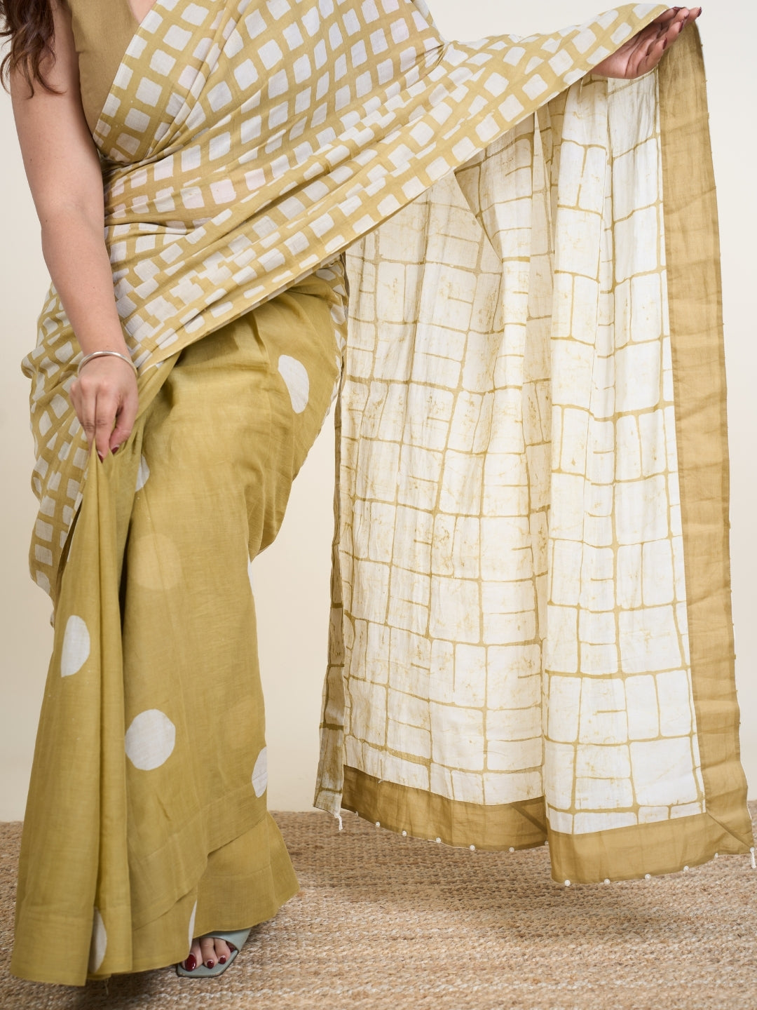 Esha Green Batik Hand Block Print Mul Cotton Saree with Embroidery