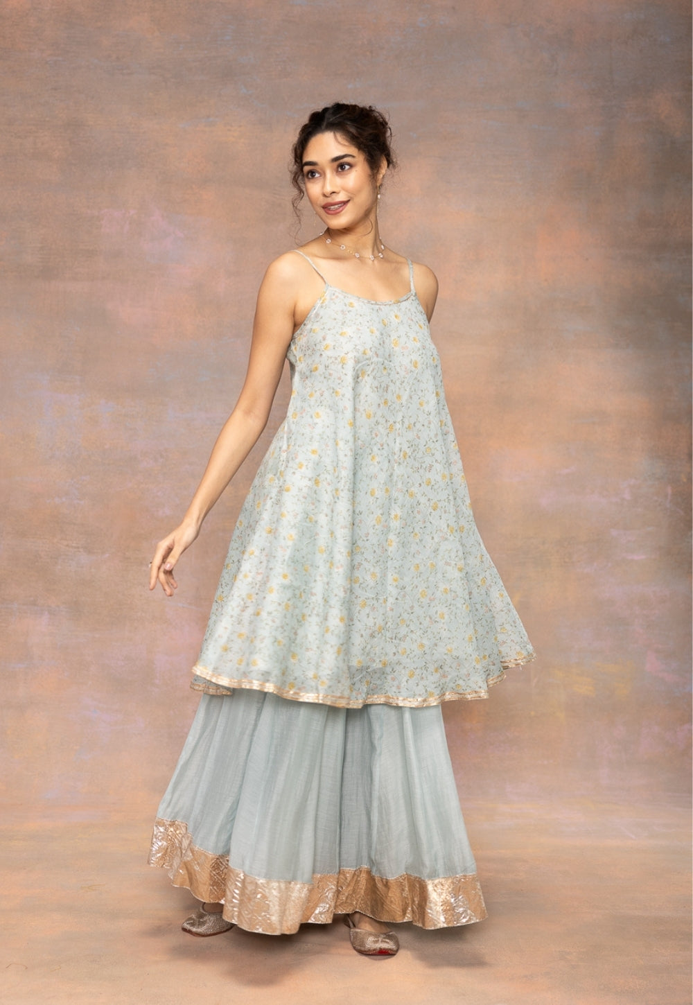 Rosalie Blue Sanganeri Chanderi Silk A Line Kurta with Lace Detailing