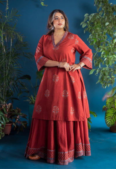 Zeenat Red Ajrakh Cotton Straight Kurta