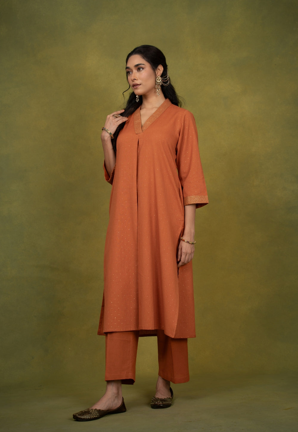 Sakhi Orange Rogan Handblock Printed Cotton Straight Kurta Suit Set (Set of 3)