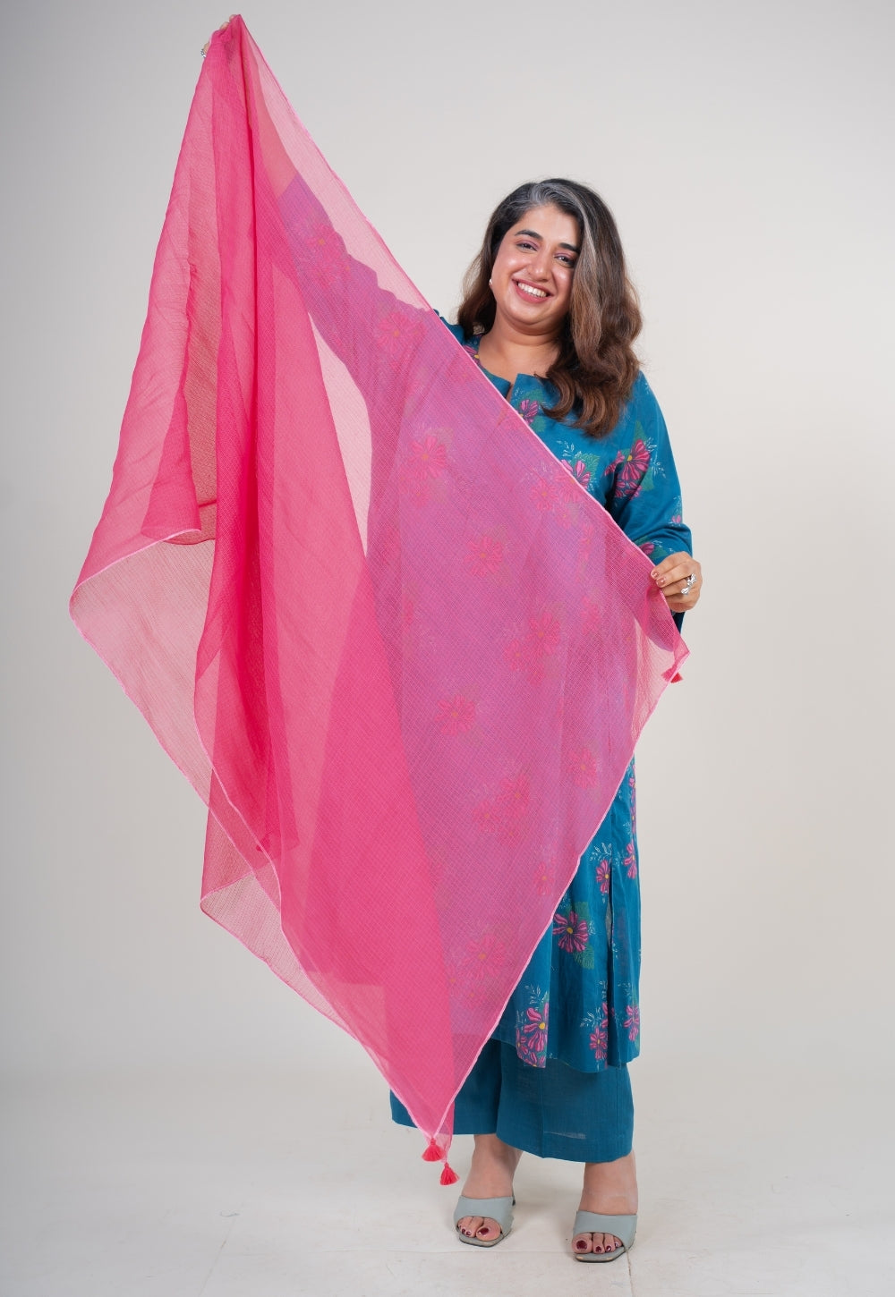 Bright Pink Solid Kota Doria Cotton Dupatta with Tassels