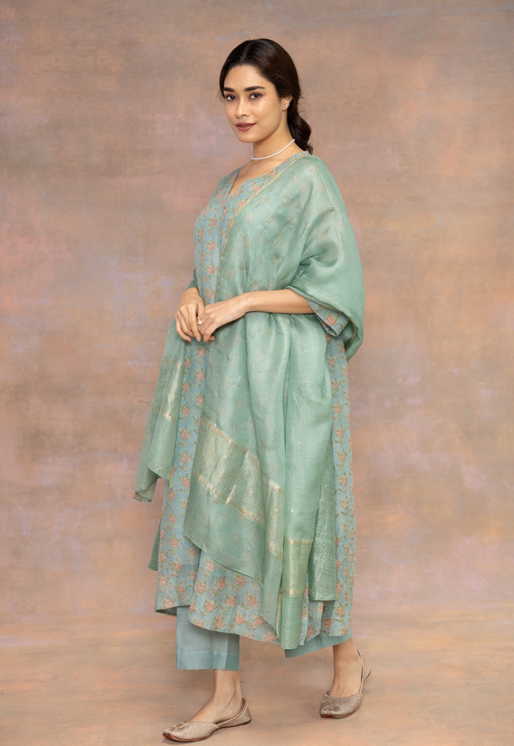 Green Solid Katan Kota Dupatta with Mukaish Detailing