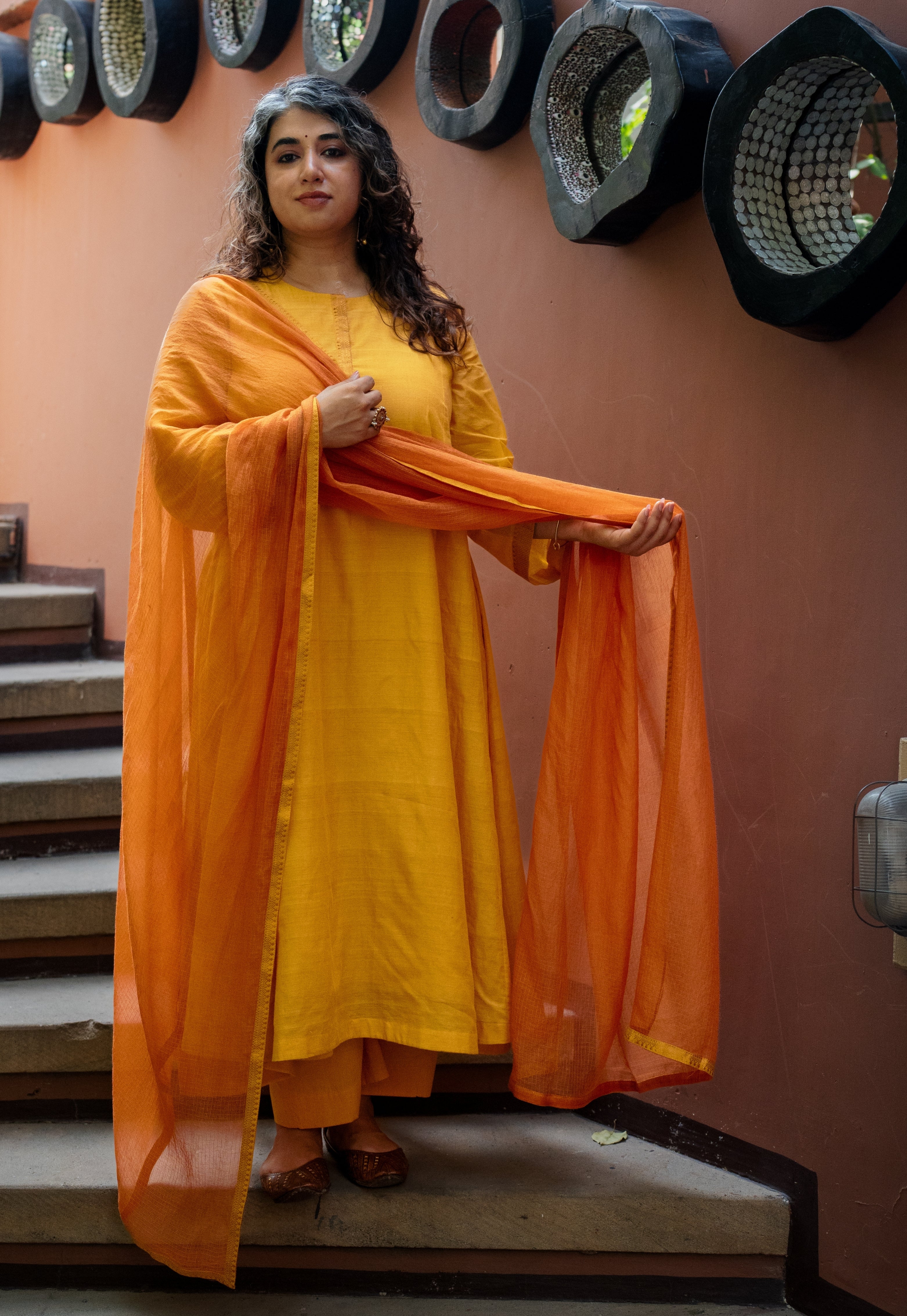 Yashi Yellow Solid Cotton Flex Straight Pant