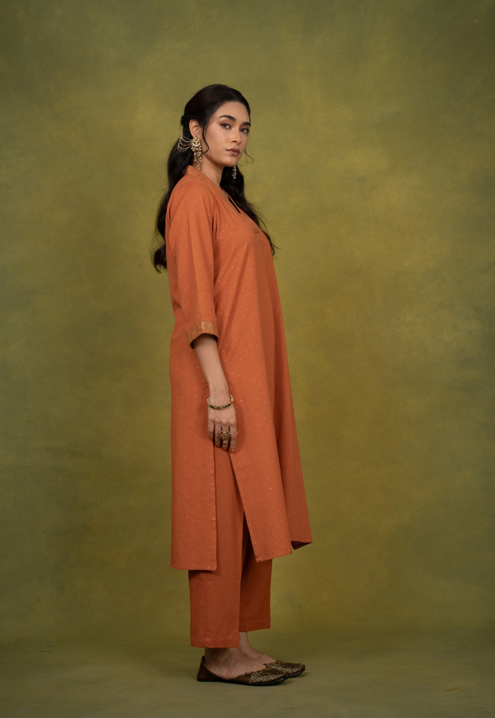 Sakhi Orange Rogan Handblock Printed Cotton Straight Kurta Suit Set (Set of 3)