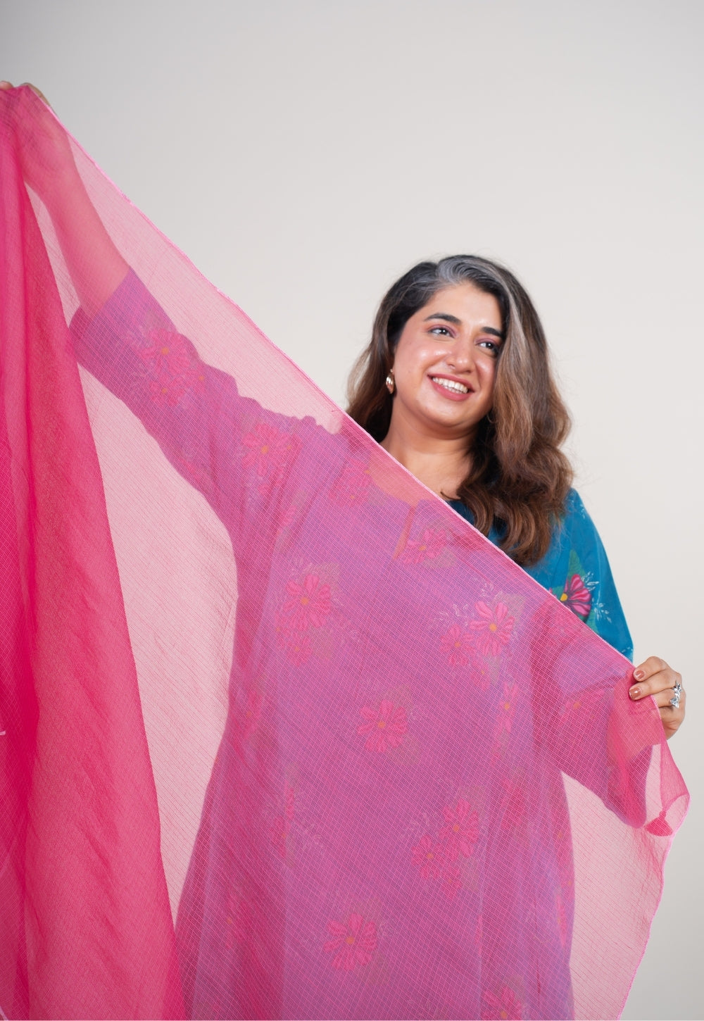 Bright Pink Solid Kota Doria Cotton Dupatta with Tassels