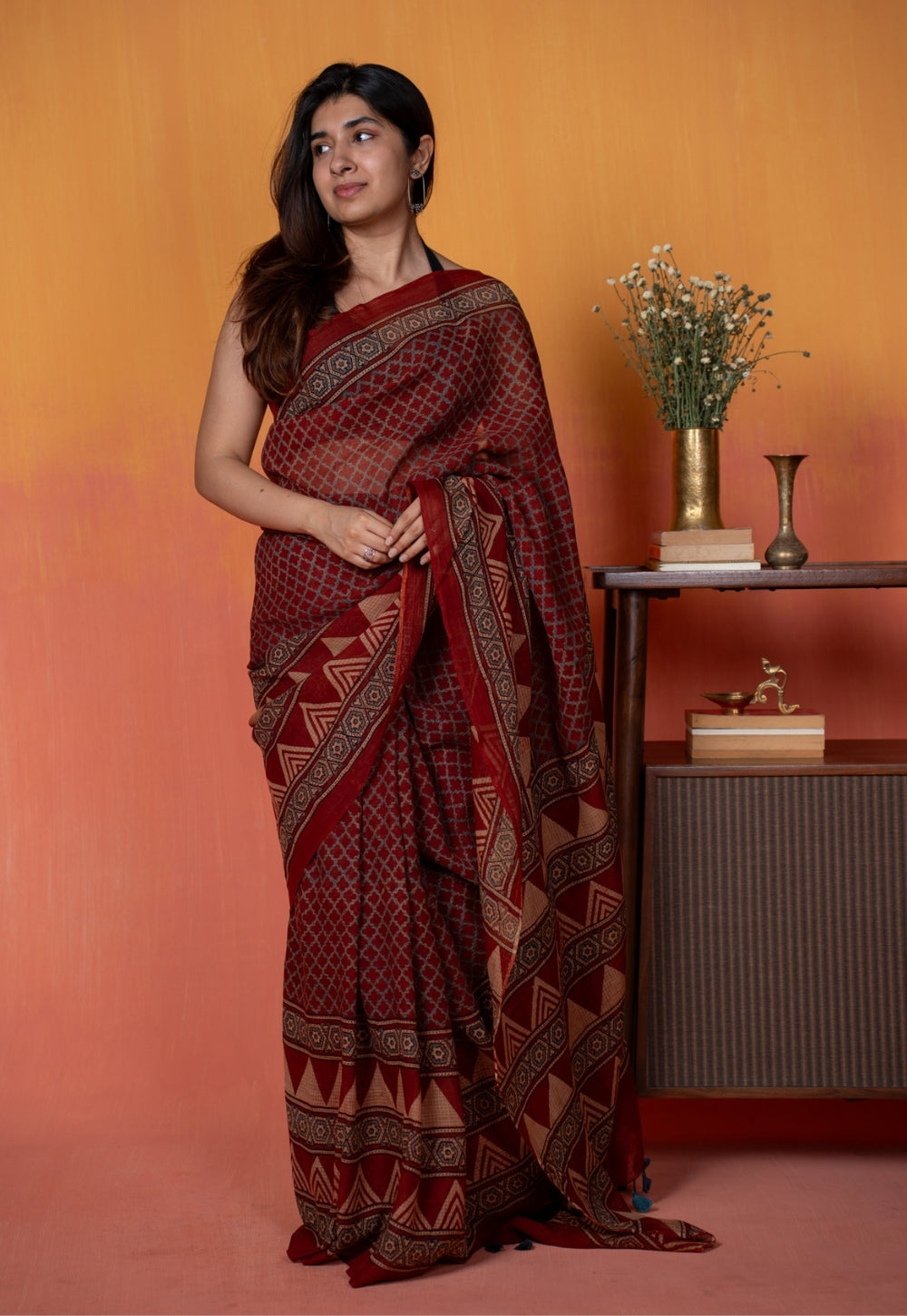 Red Geometric Ajrakh Hand Block Print Kota Doria Cotton Saree
