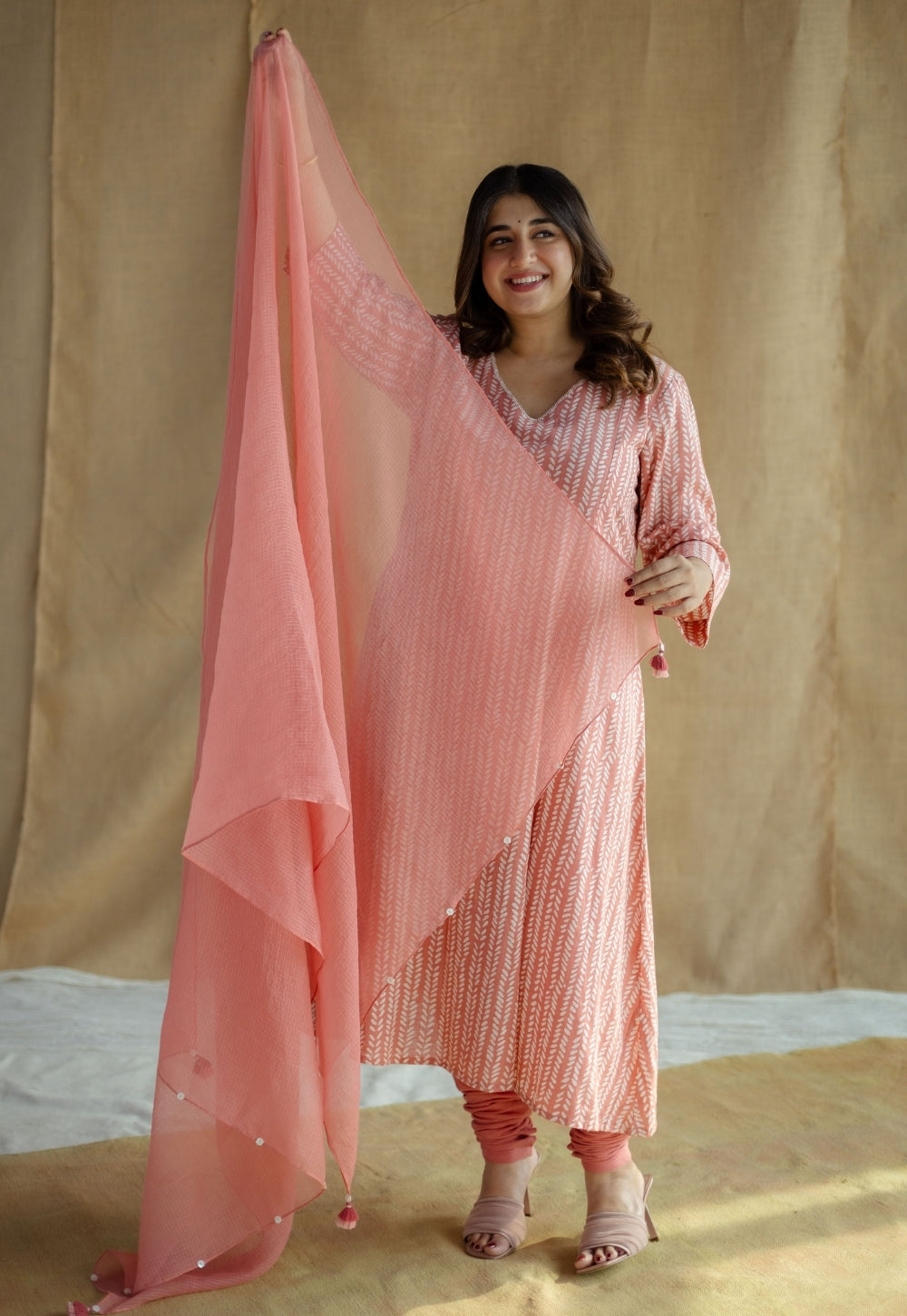 Coral Solid Cotton Kota Doria Dupatta