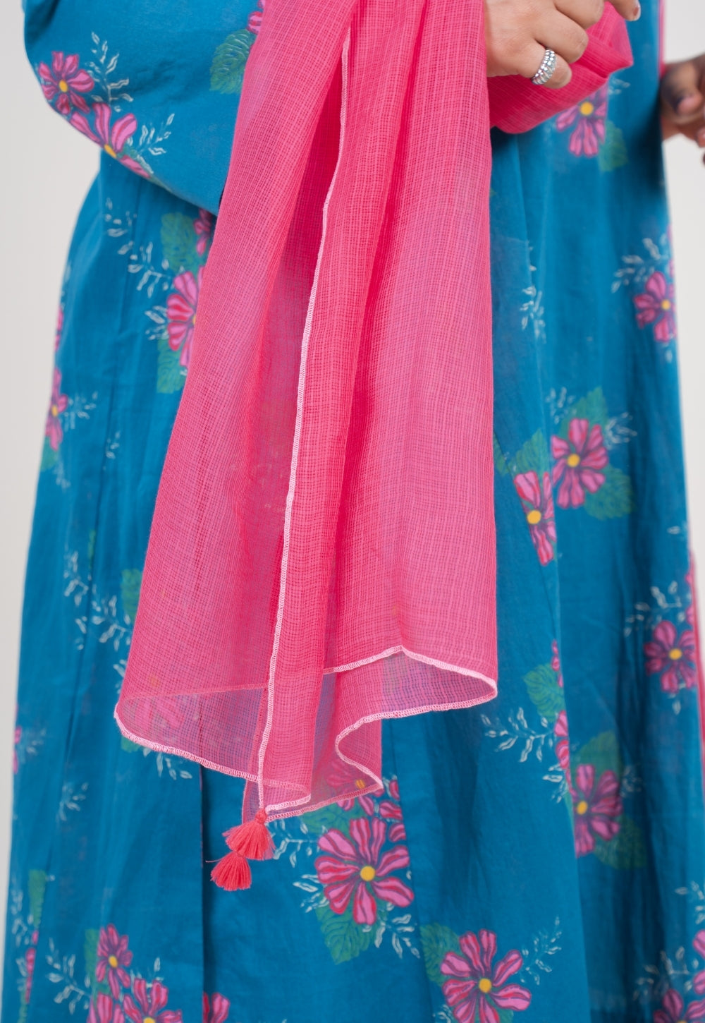 Bright Pink Solid Kota Doria Cotton Dupatta with Tassels