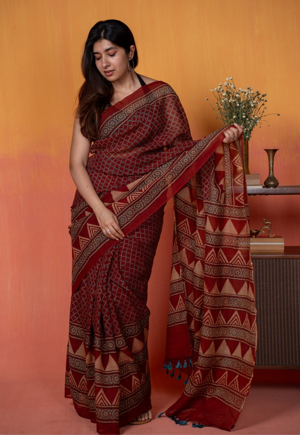 Red Geometric Ajrakh Hand Block Print Kota Doria Cotton Saree