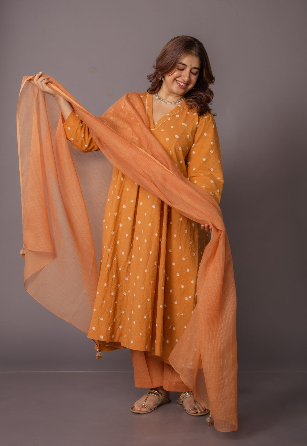 Rosha Yellow Bandhani Cotton Kali Suit Set (Set of 3)