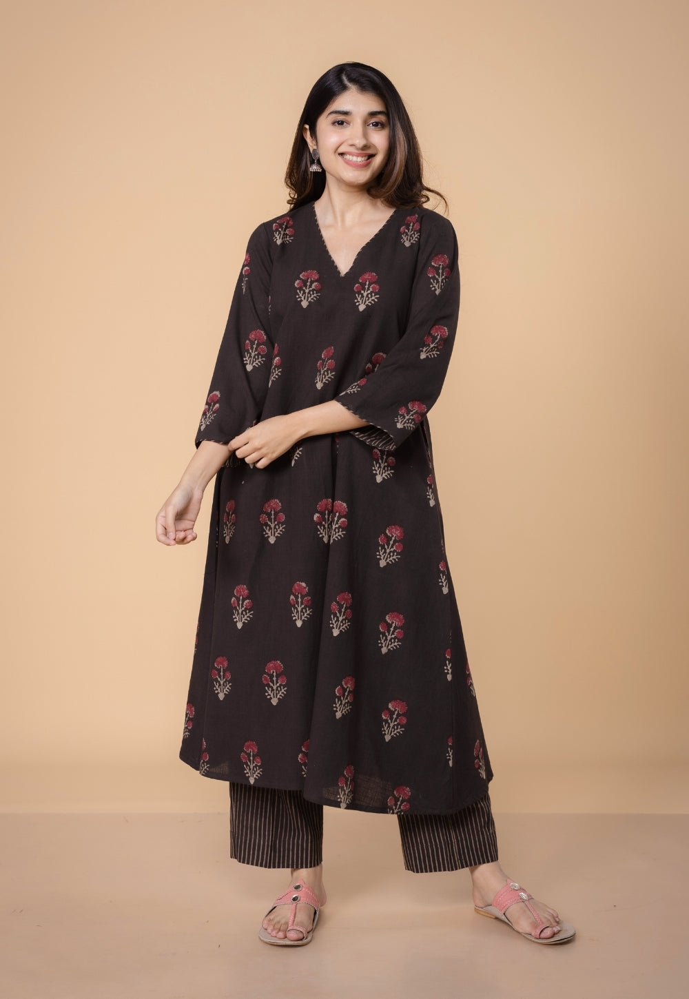 Shrusti Brown Dabu Slub Cotton A Line Kurta Set (Set of 2)