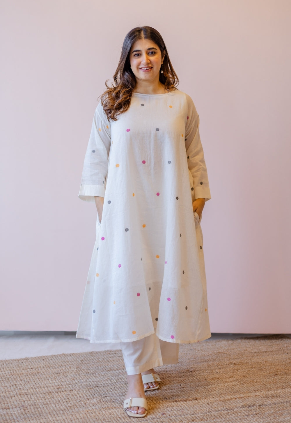 Kusum Off White Jamdani Handloom Cotton A Line Kurta