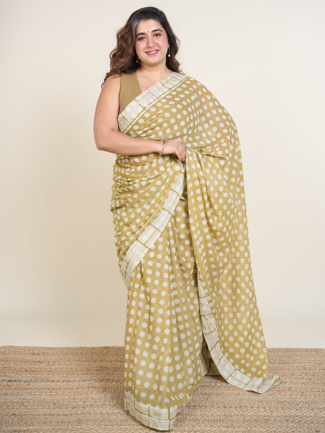 Madiha Green Batik Hand Block Print Mul Cotton Saree with Embroidery