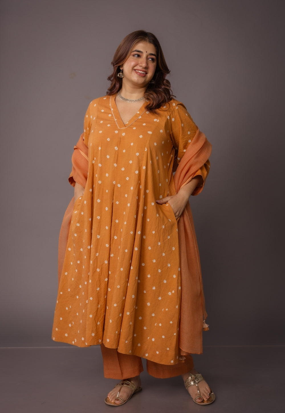 Rosha Yellow Bandhani Cotton Kali Suit Set (Set of 3)