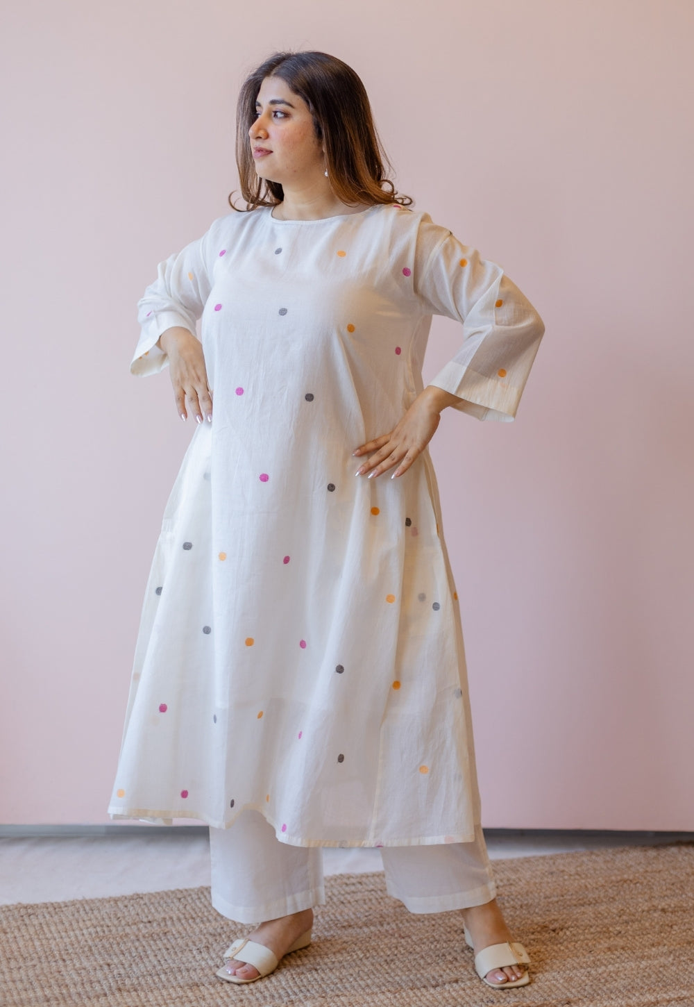 Kusum Off White Jamdani Handloom Cotton A Line Kurta