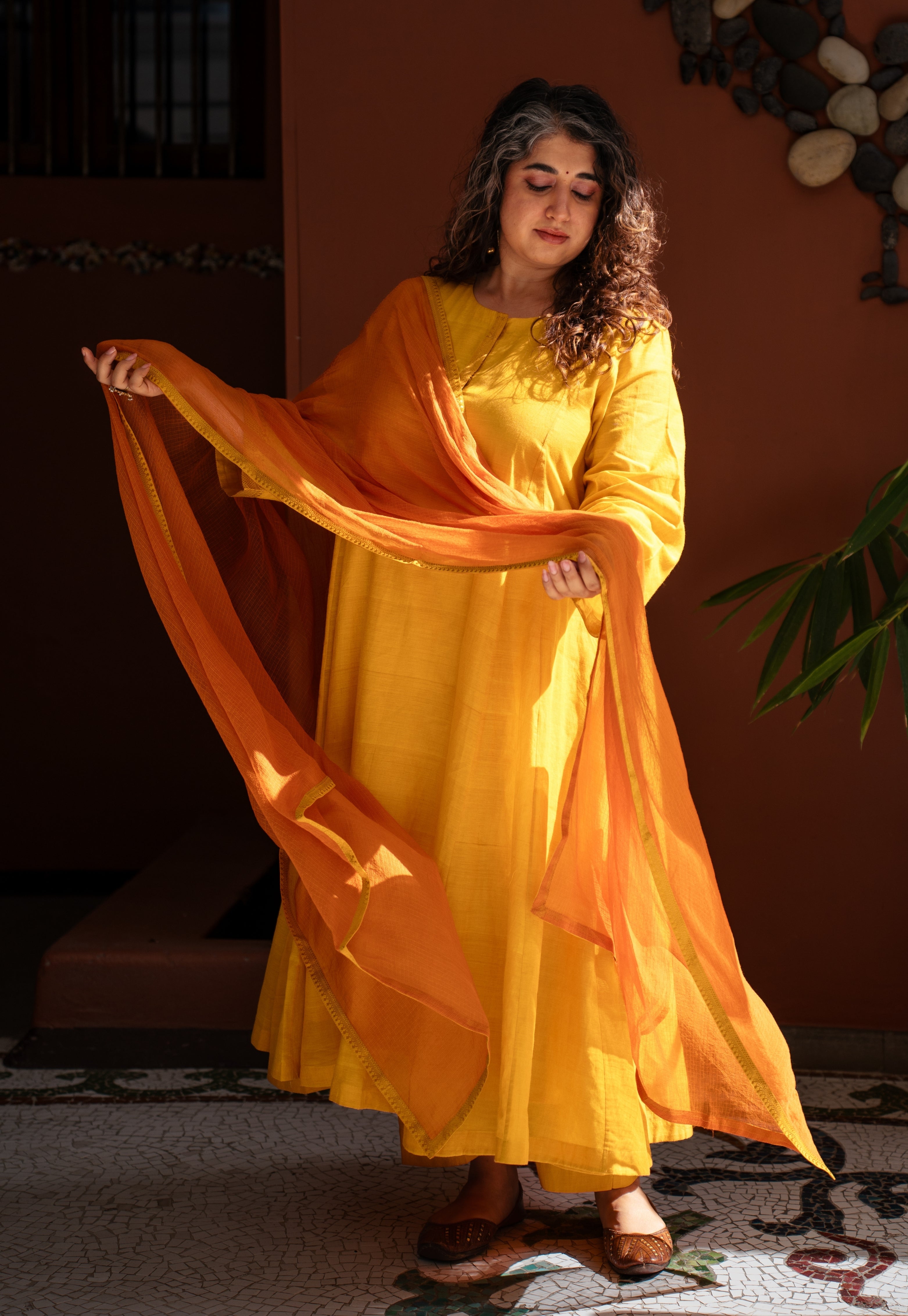 Rust Orange Solid Kota Doria Cotton Dupatta with Mangalgiri Border