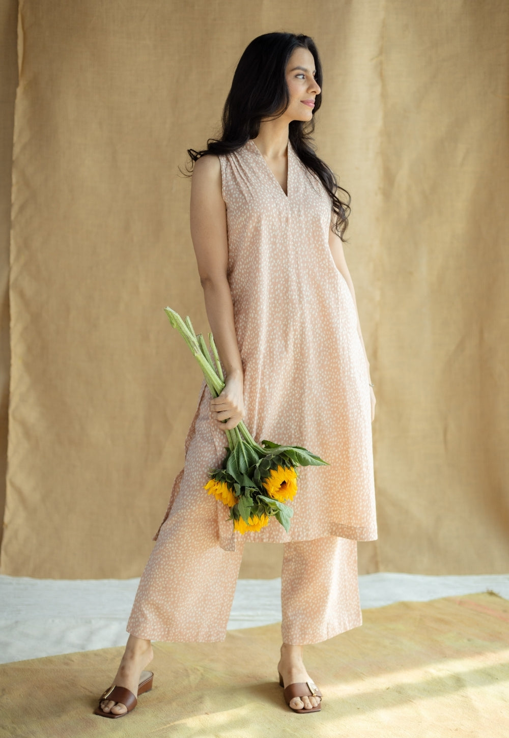 Alia Peach Hand Block Print Slub Cotton A Line Kurta