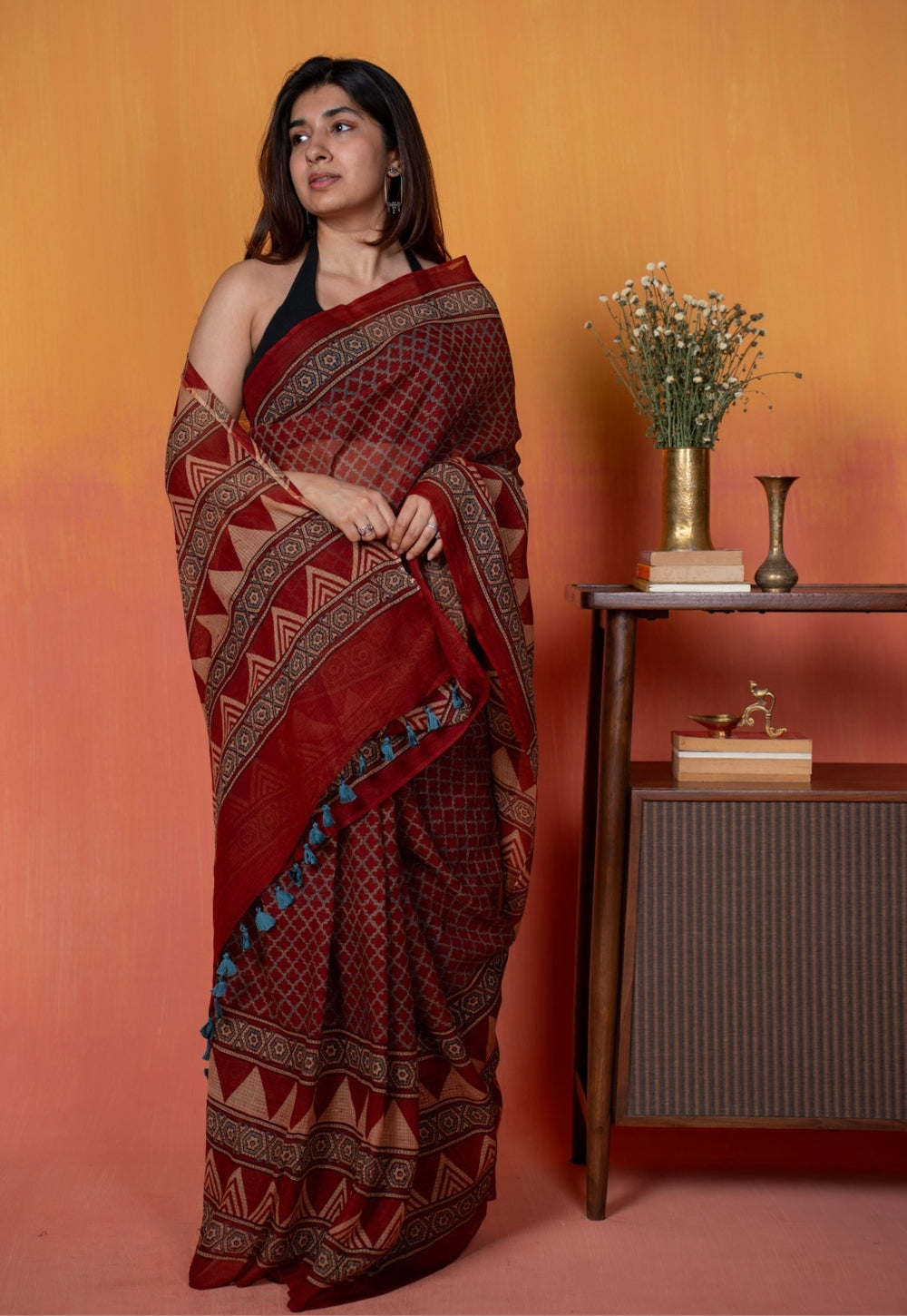 Red Geometric Ajrakh Hand Block Print Kota Doria Cotton Saree