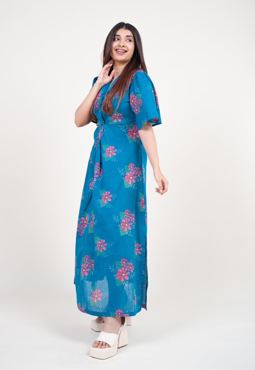 Nitya Ink Blue Printed Mul A Line Dress with Slip
