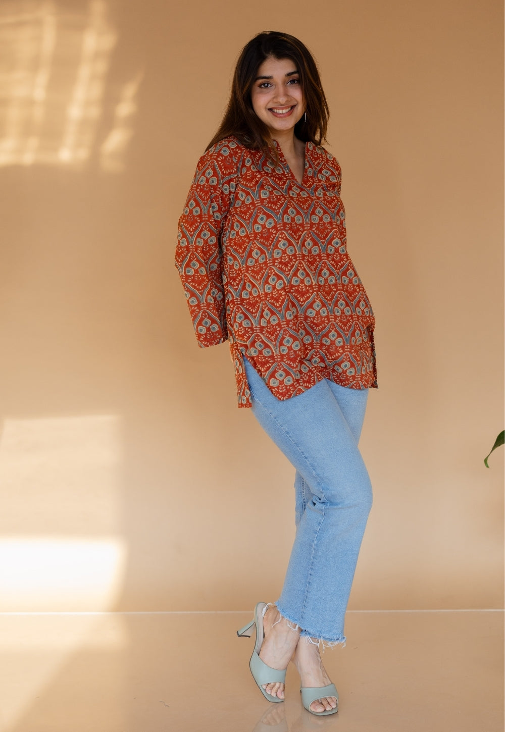 Tapsi Red Ajrakh Cotton A Line Short Top with Hand Embroidery