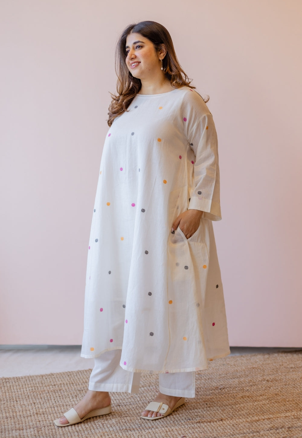 Kusum Off White Jamdani Handloom Cotton A Line Kurta