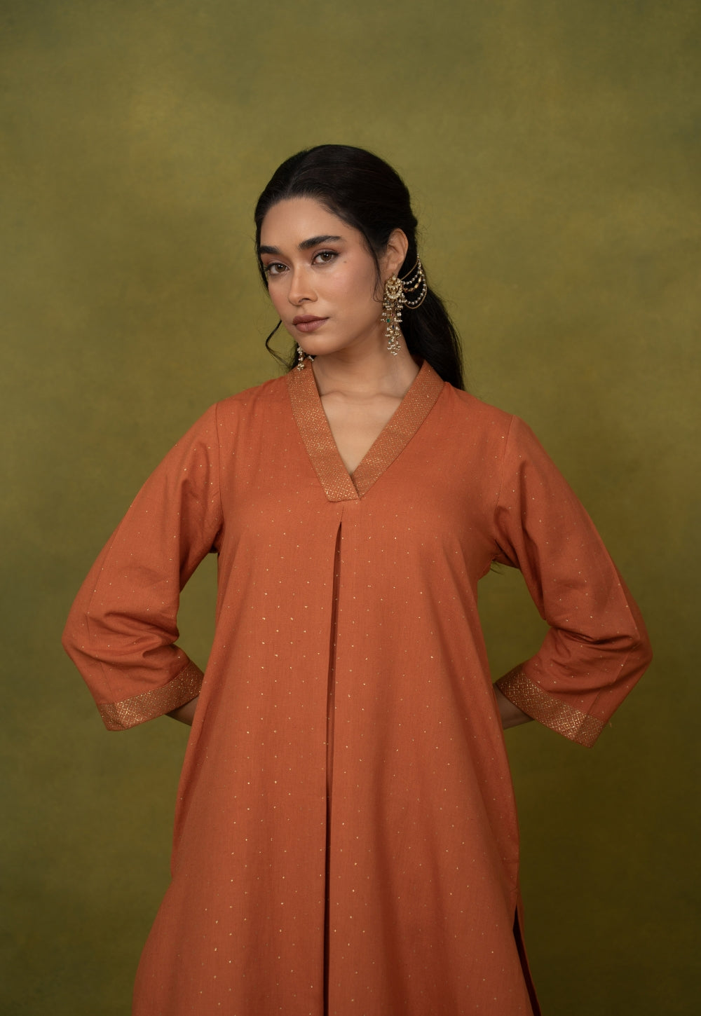 Sakhi Orange Rogan Handblock Printed Cotton Straight Kurta Suit Set (Set of 3)