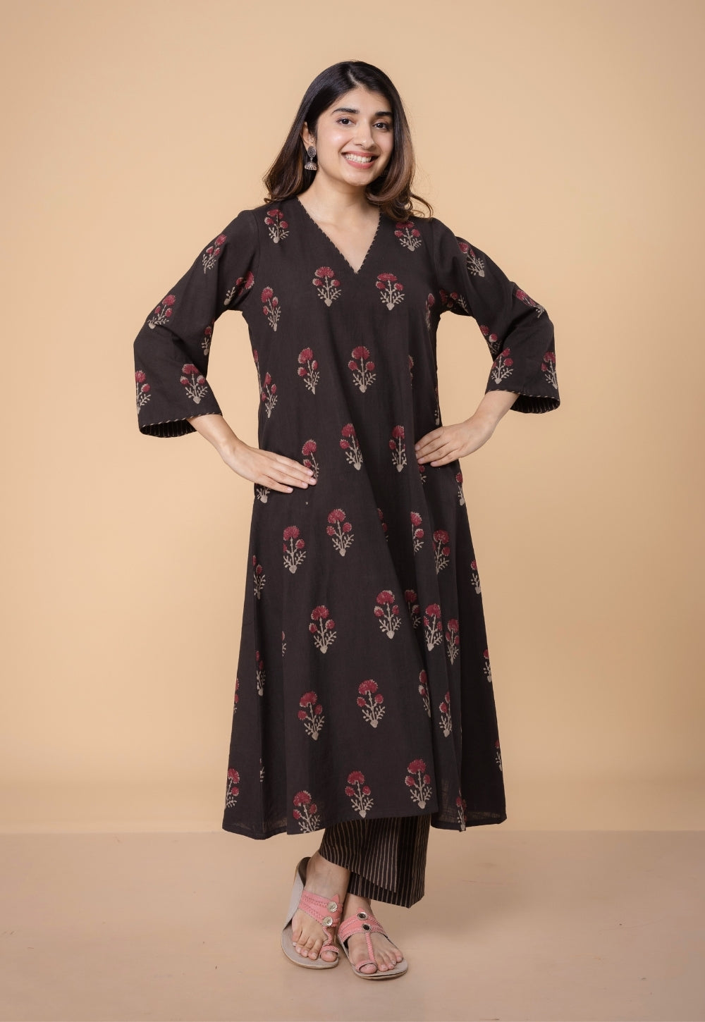 Shrusti Brown Dabu Slub Cotton A Line Kurta Set (Set of 2)